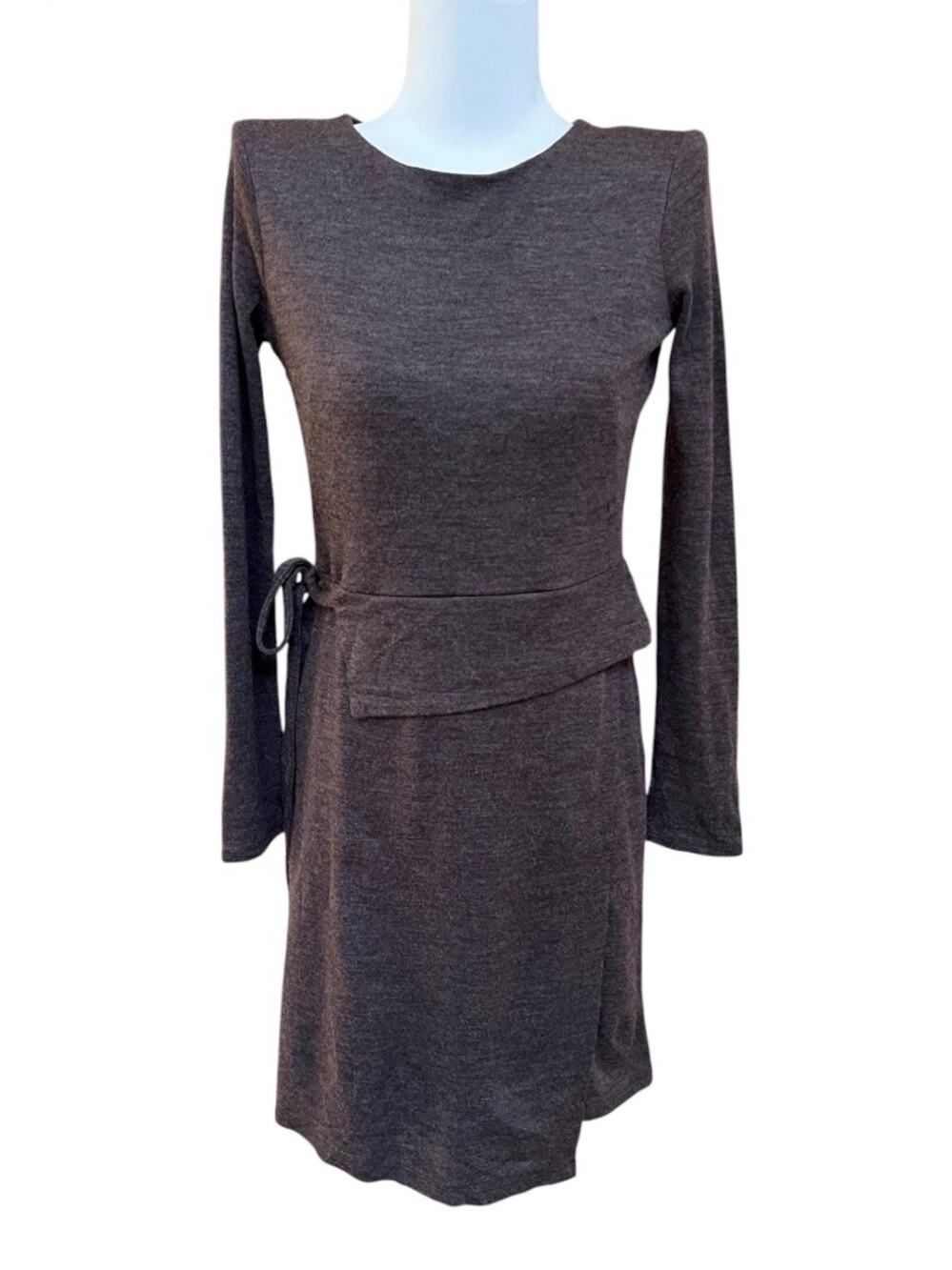 Ann Taylor Brown Wool Blend Long Slv Side Tie Peplum Dress Sz 2P Keyhole Back